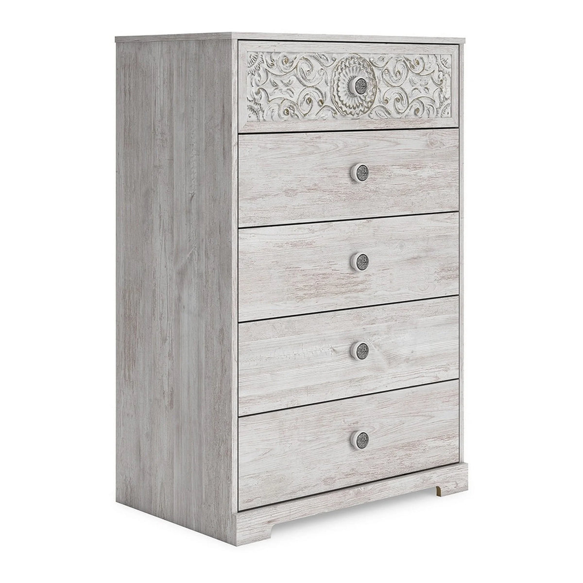 46 Inch 5 Drawer Whitewashed Wood Dresser F160
