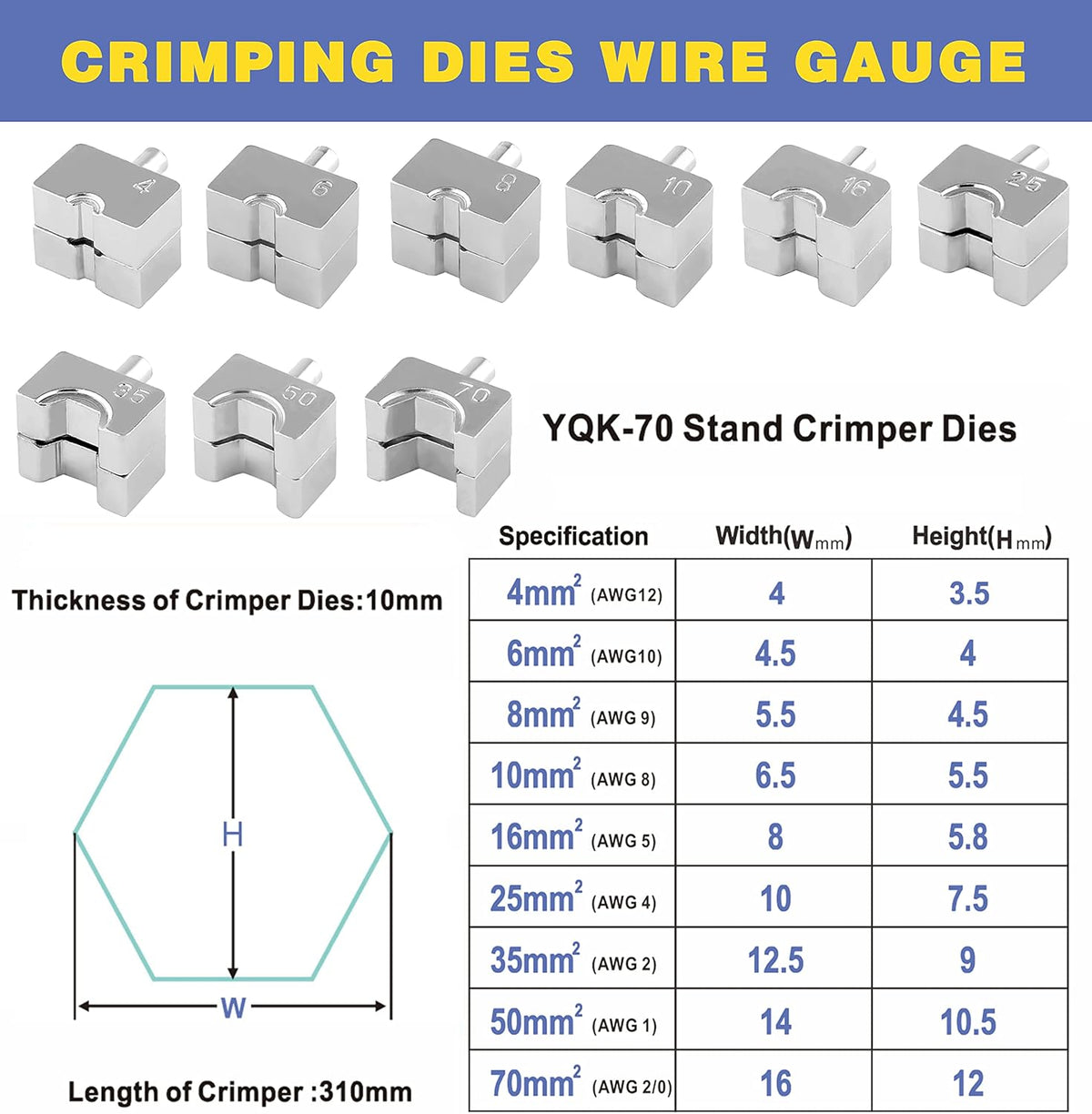 Hydraulic Battery Cable Lug Crimping Tool, AWG 12-2/0, 9 Pairs of Dies Y21054
