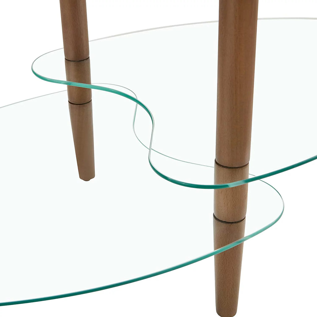Modern Clear Oval Glass Coffee Table with Two Open Storage Shelves and Oak Legs S131