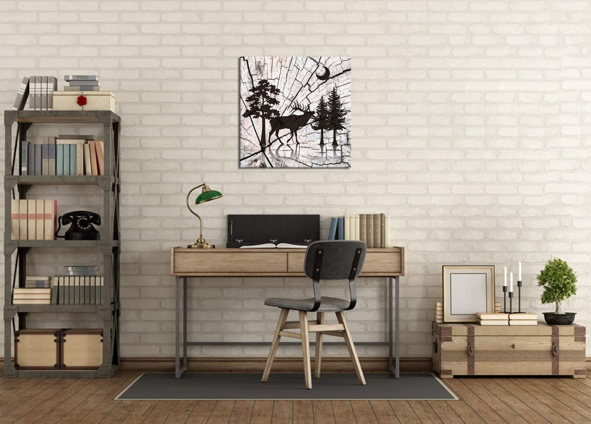 Deer in Forest Canvas Print Black Silhouette Vintage Wood Style Stretched and Framed B2339