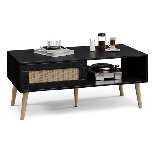 Storage Coffee Table with Rattan Drawer and Solid Wood Legs I10670