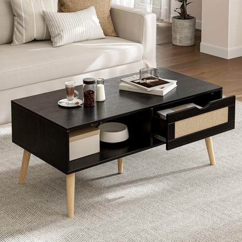 Storage Coffee Table with Rattan Drawer and Solid Wood Legs I10670