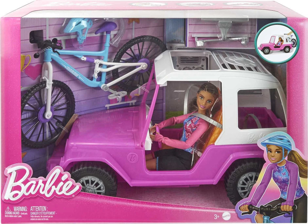 Doll, Mountain Bike, Car Bundle with Pink Jeep, Bike Rack and Helmet D26168