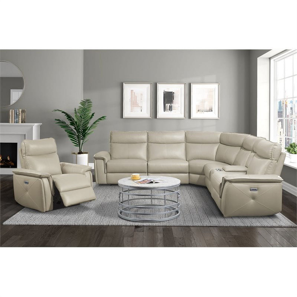 Beige Leather Modular Reclining Sectional A216