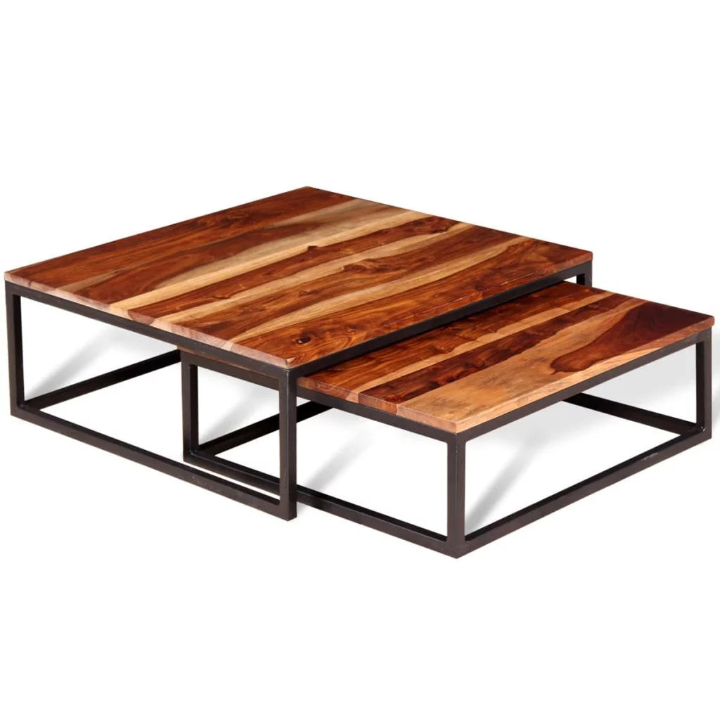 2 Piece Stackable Sheesham Wood Iron Frame Nesting Table Set B556540