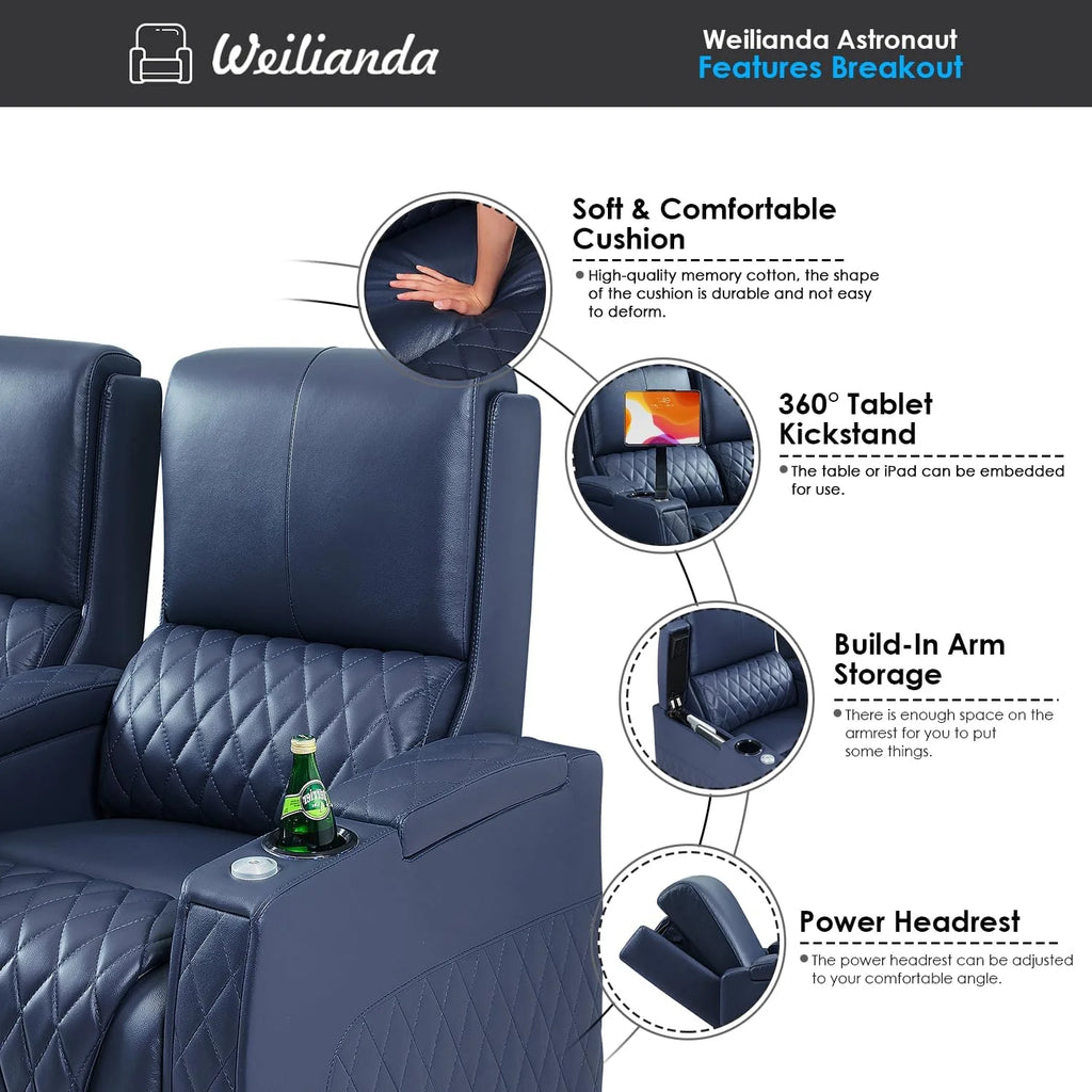 Navy Blue Top Grain Leather Power Recliner Sofa M18386