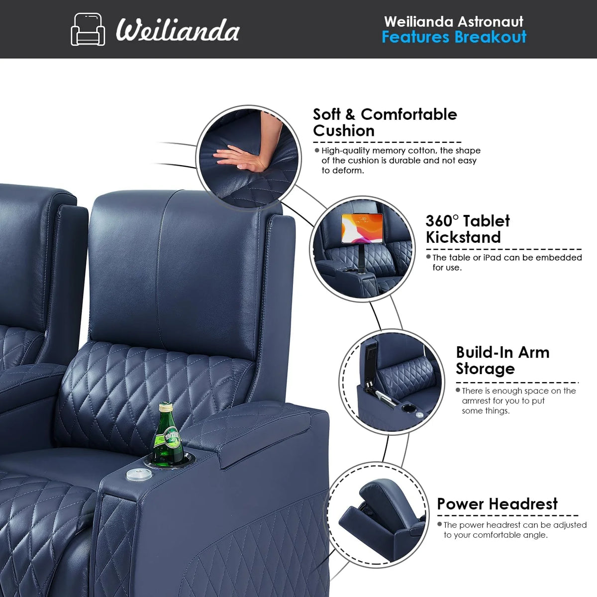 Navy Blue Top Grain Leather Power Recliner Sofa M18386