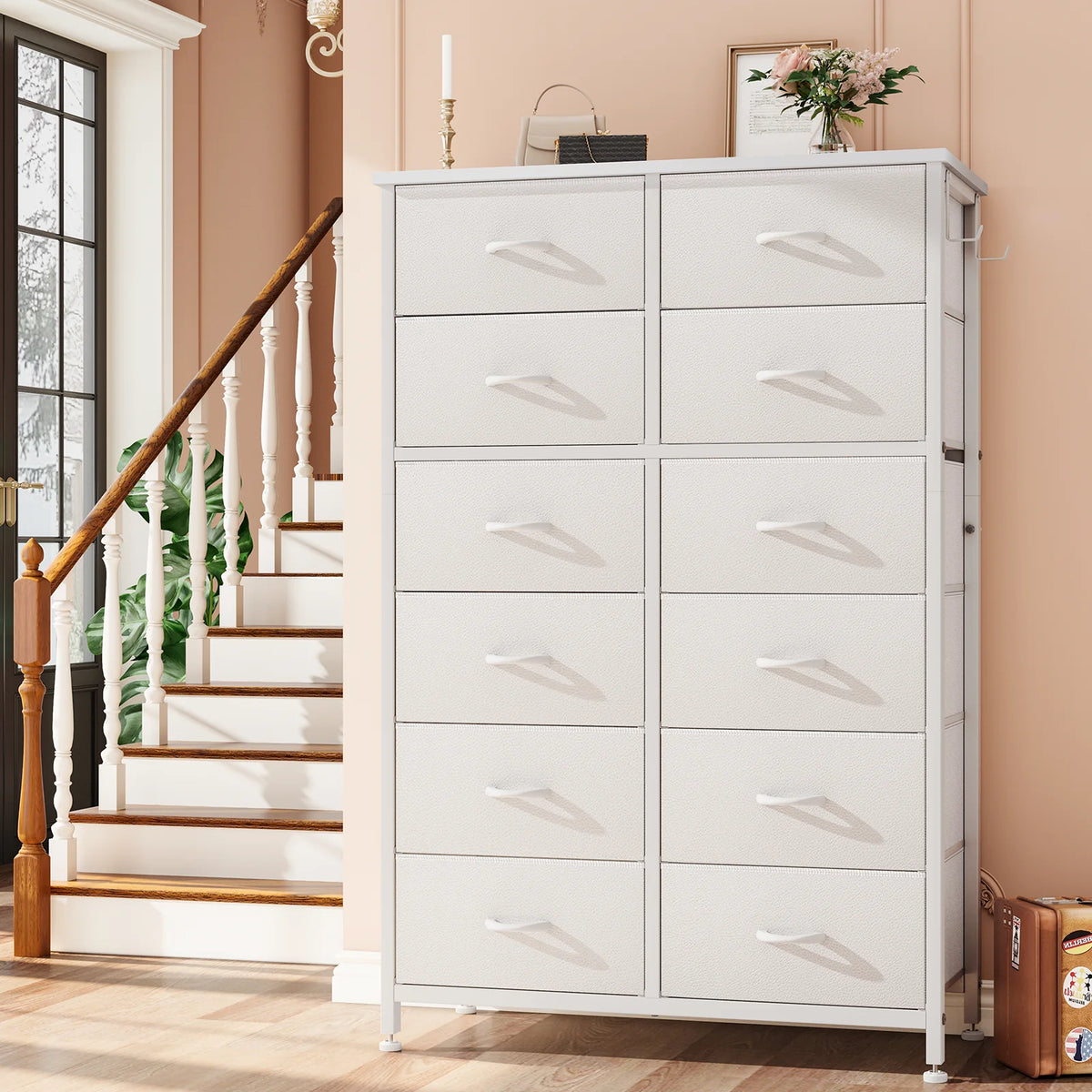 12 Drawer Fabric Dresser with Steel Frame and Wooden Top A108