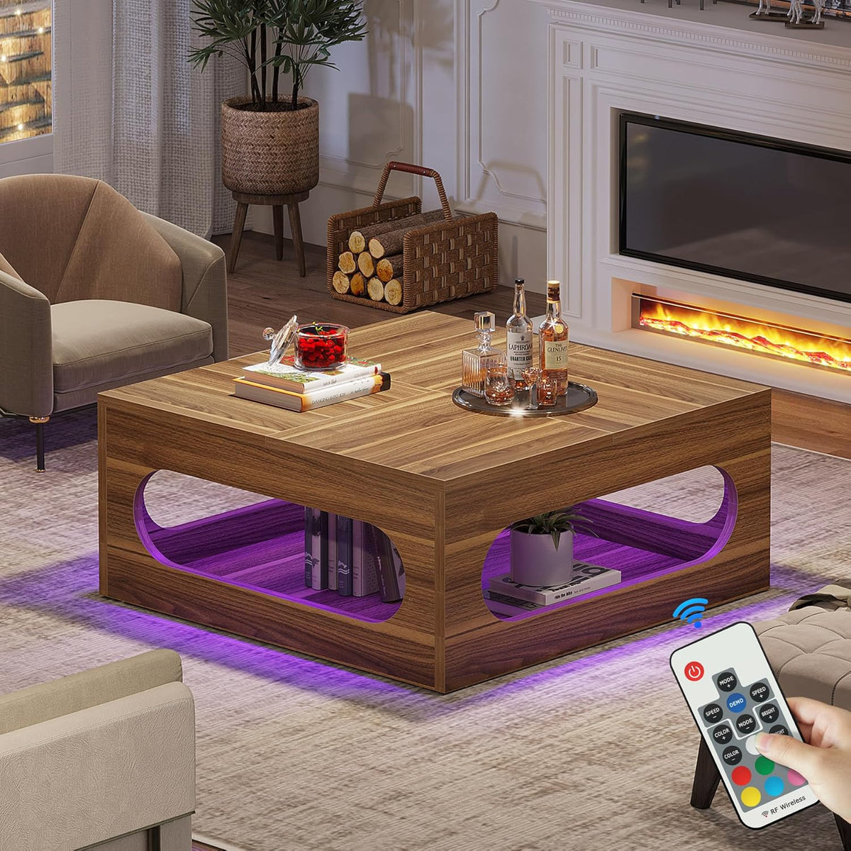 Brown Wood Coffee Table with Storage and LED Light Z991