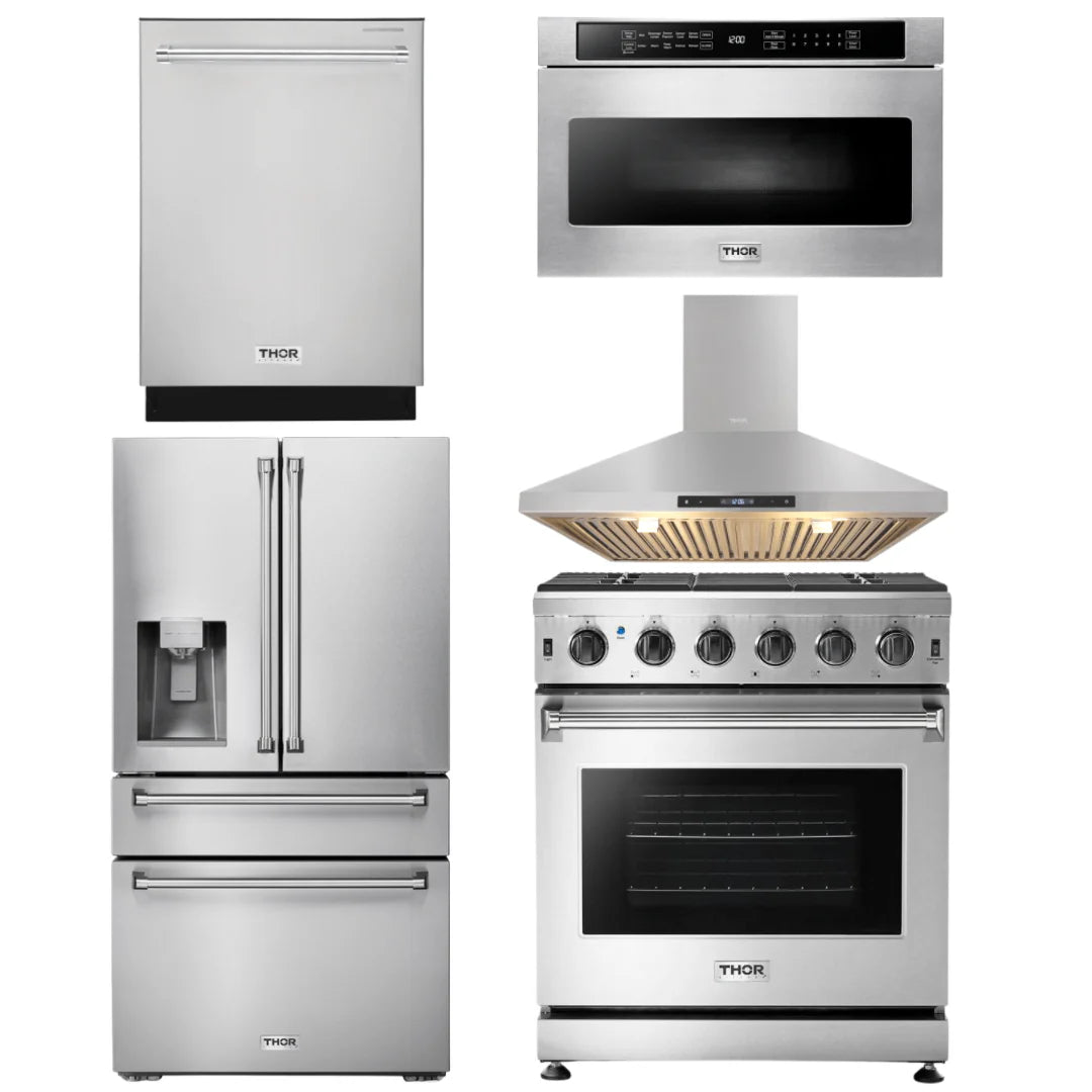 30 Gas Range, Range Hood, Microwave, Refrigerator, Dishwasher T645