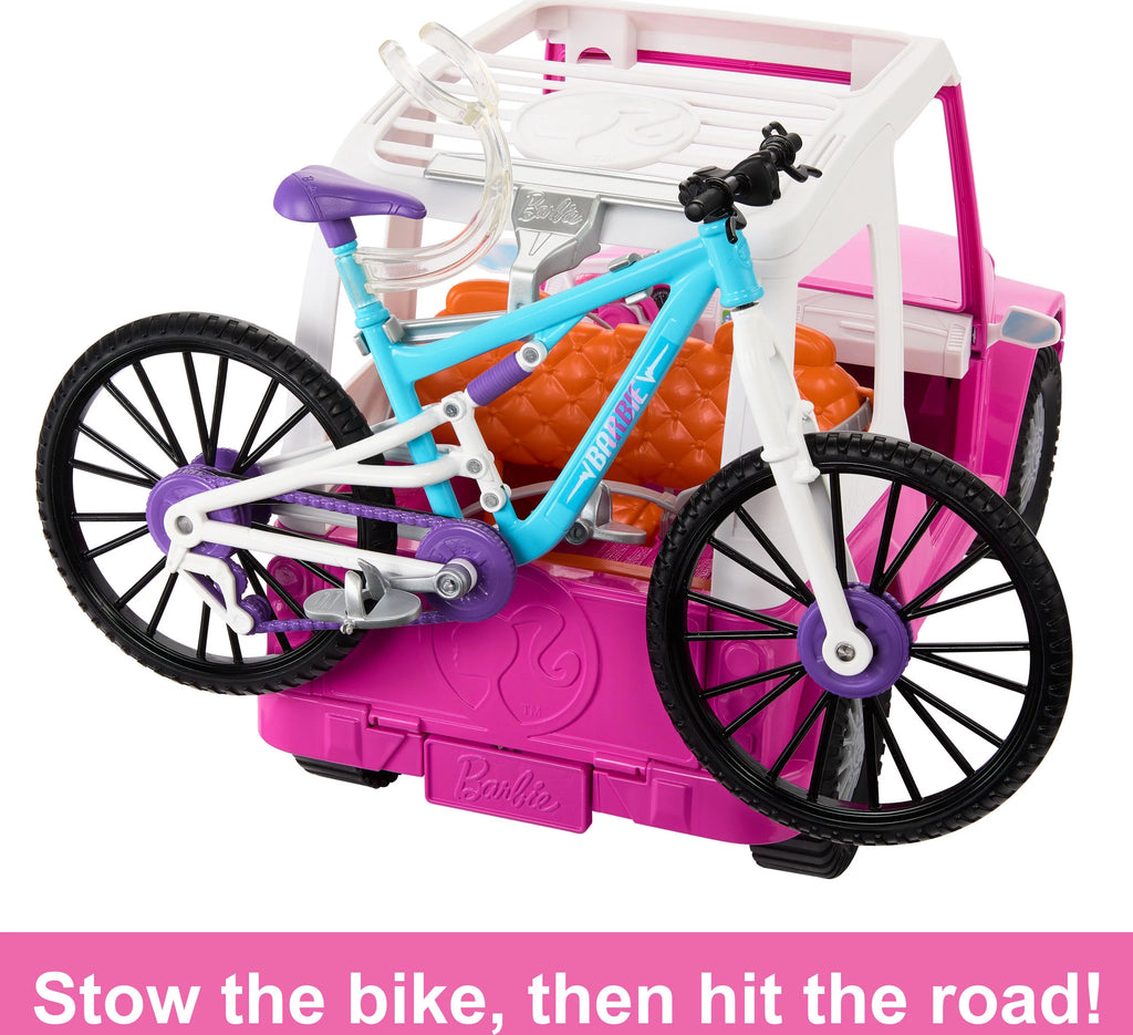 Doll, Mountain Bike, Car Bundle with Pink Jeep, Bike Rack and Helmet D26168