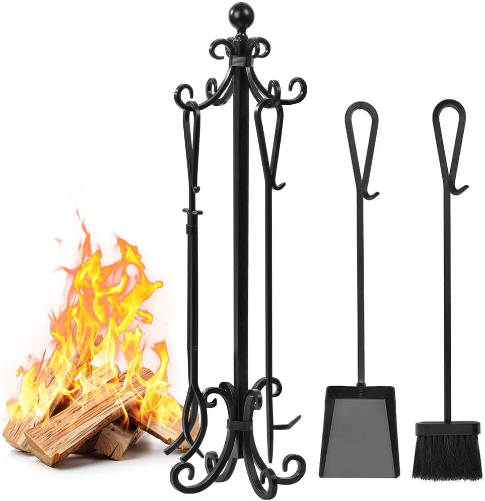 5 Pieces Cast Iron Fireplace Tools with Log Holder Black H918848