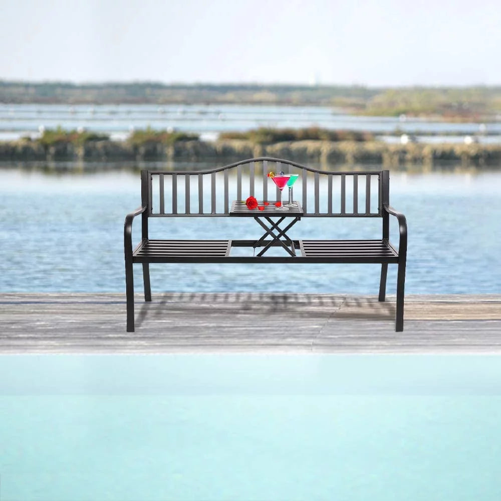 Black Outdoor Bench with Pullout Middle Table C549791