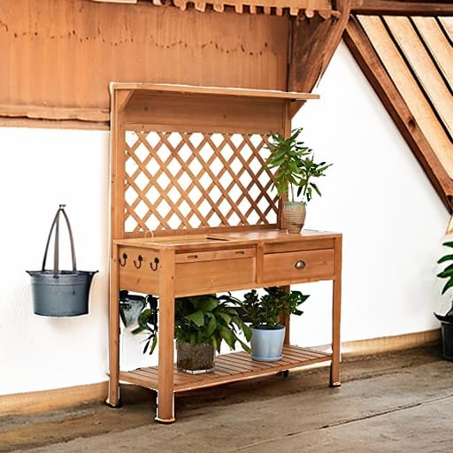 Outsunny Garden Potting Bench, Outdoor Wooden Workstation Table with Metal Screen, Drawer, Hooks, Storage Shelf, and Lattice Back U5490