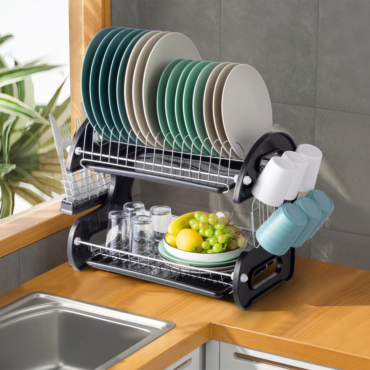 Black 2-Tier Plastic Dish Drainer S449