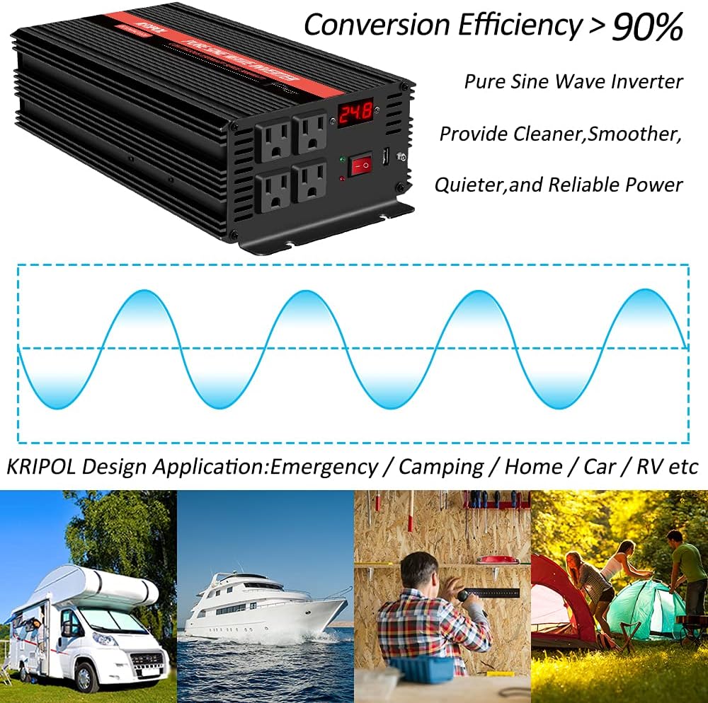 1500 Watt Pure Sine Wave Power Inverter 24v DC to 110/120v AC 60HZ with 4 AC and 1 USB Output O68773