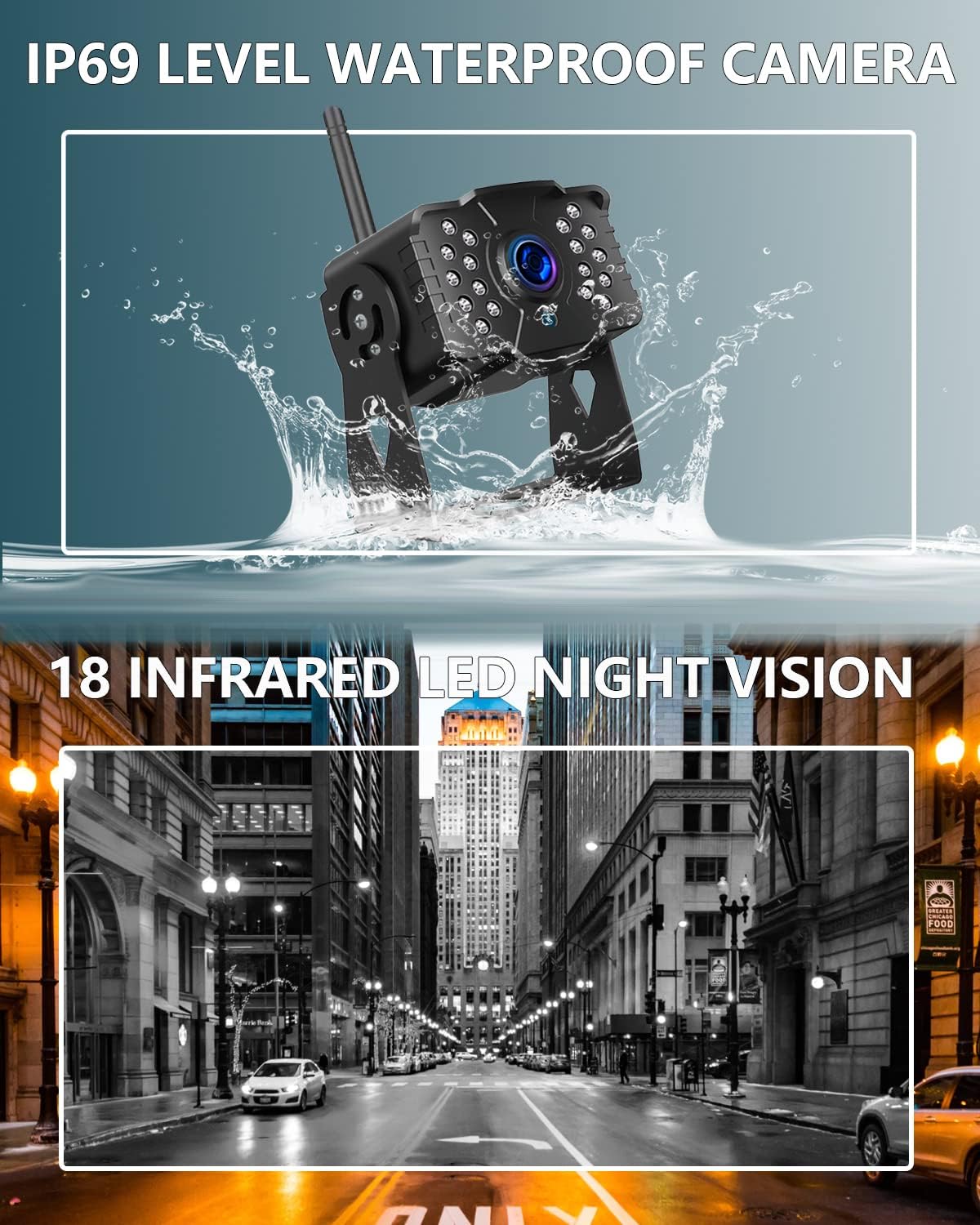 1080P Digital Wireless Backup Camera System 7'' Monitor IP69K Waterproof Night Vision R459