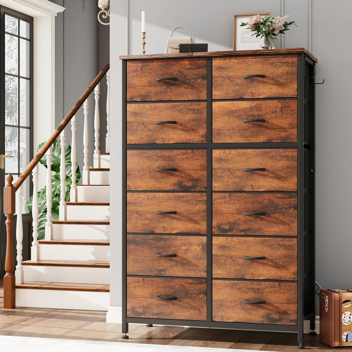 12 Drawer Fabric Dresser with Steel Frame and Wooden Top A108