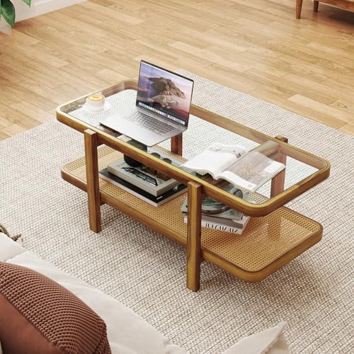 47.5" Rectangle Solid Wood Coffee Table with Tempered Glass Tabletop V9915