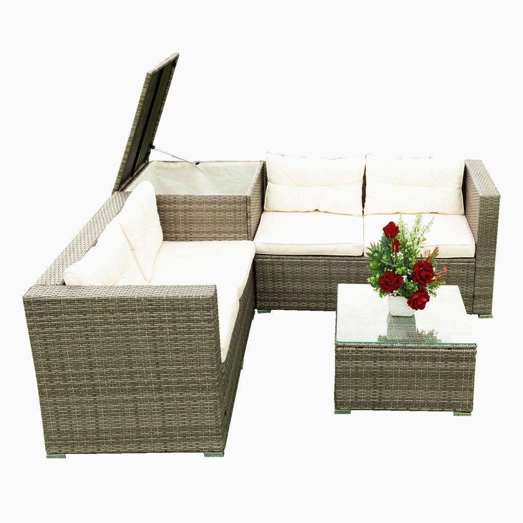 Creme 4 Piece Patio Sectional Wicker Rattan Outdoor Furniture Sofa Set with Storage Box Q8019