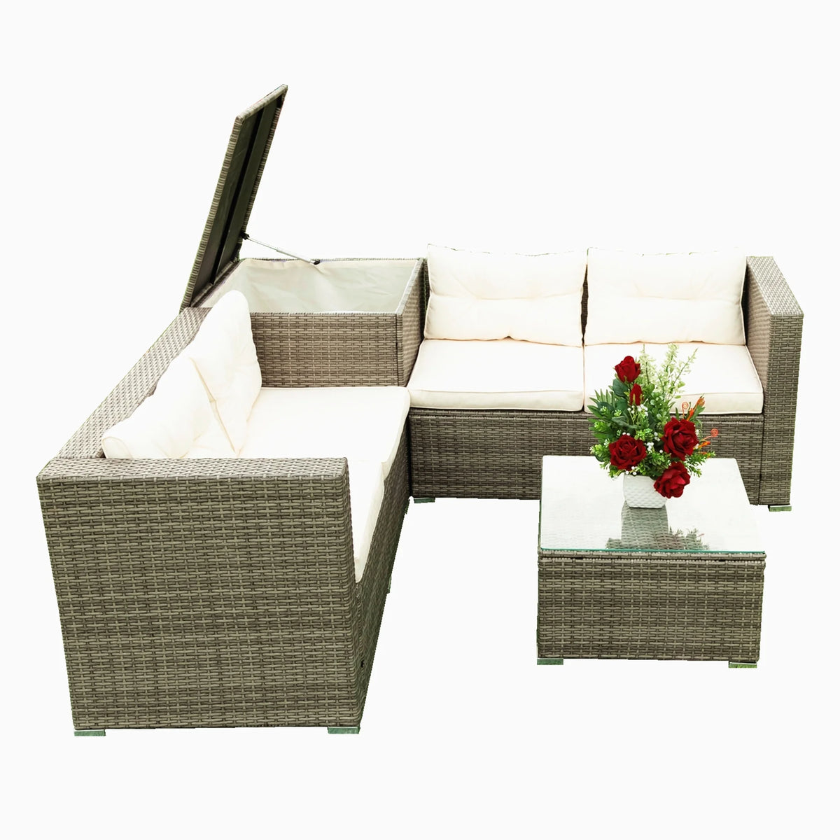 Creme 4 Piece Patio Sectional Wicker Rattan Outdoor Furniture Sofa Set with Storage Box Q8019