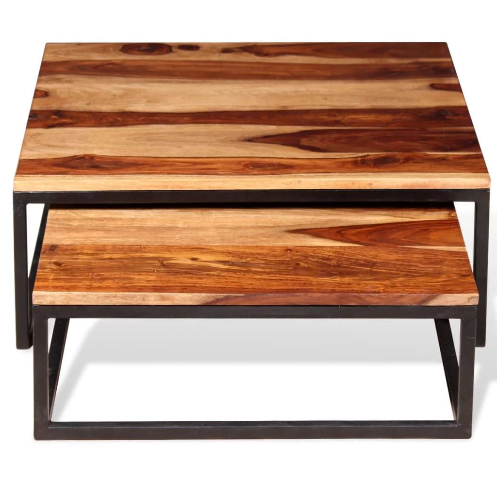 2 Piece Stackable Sheesham Wood Iron Frame Nesting Table Set B556540