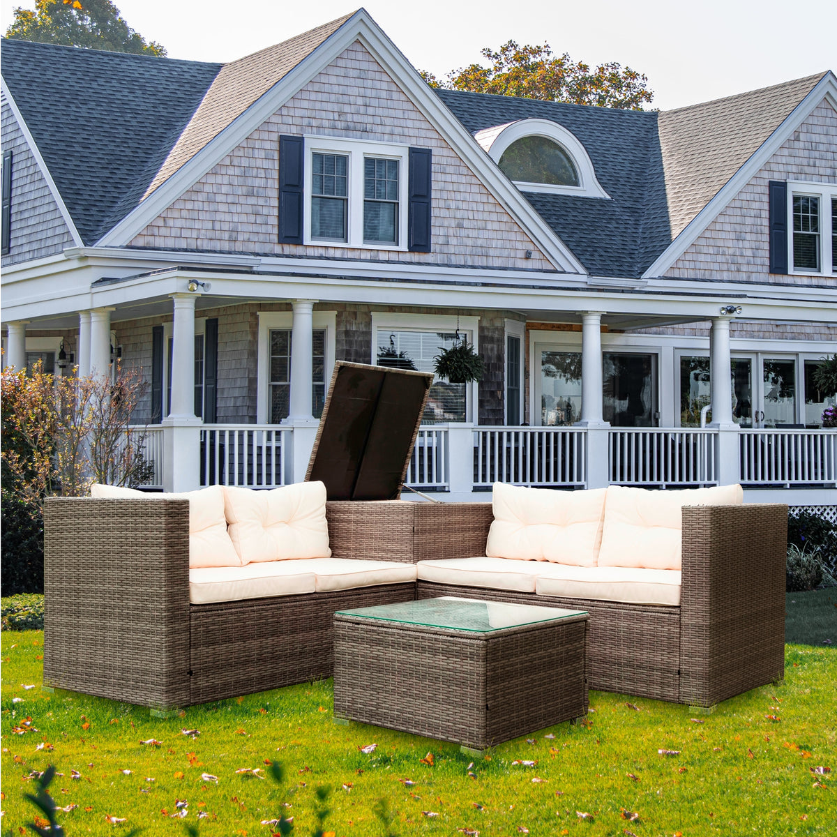 Creme 4 Piece Patio Sectional Wicker Rattan Outdoor Furniture Sofa Set with Storage Box Q8019