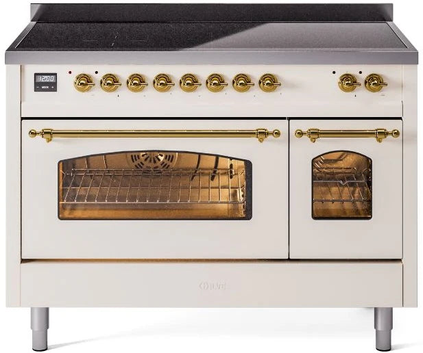 48 Induction Range with Electric Oven in Antique White with Brass Trim P47647