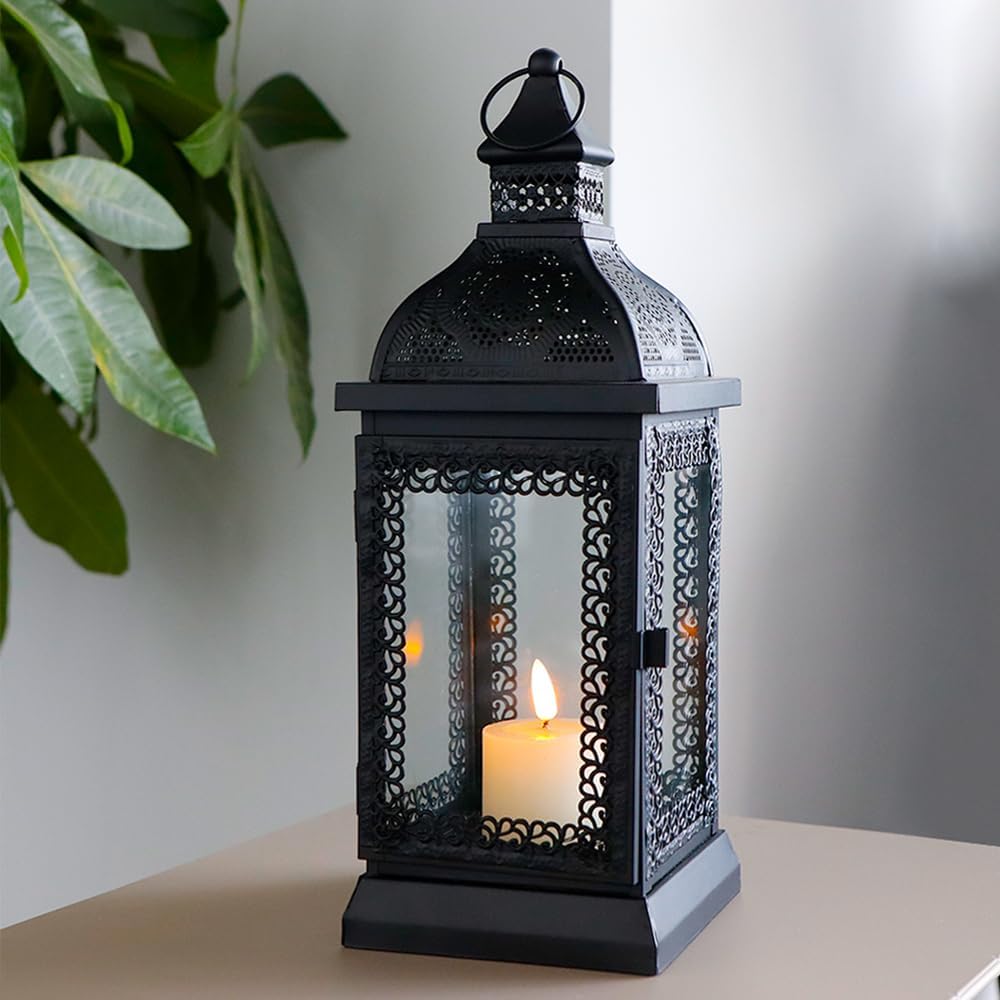 Black Metal Candle Lantern 13'' High with Tempered Glass R1949