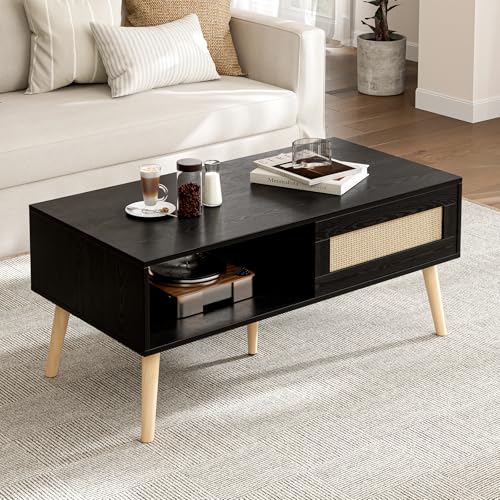Storage Coffee Table with Rattan Drawer and Solid Wood Legs I10670