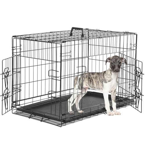 Large 36 Inch Double Door Folding Metal Wire Dog Crate with Divider Panel and Plastic Leak-Proof Pan Tray T8697