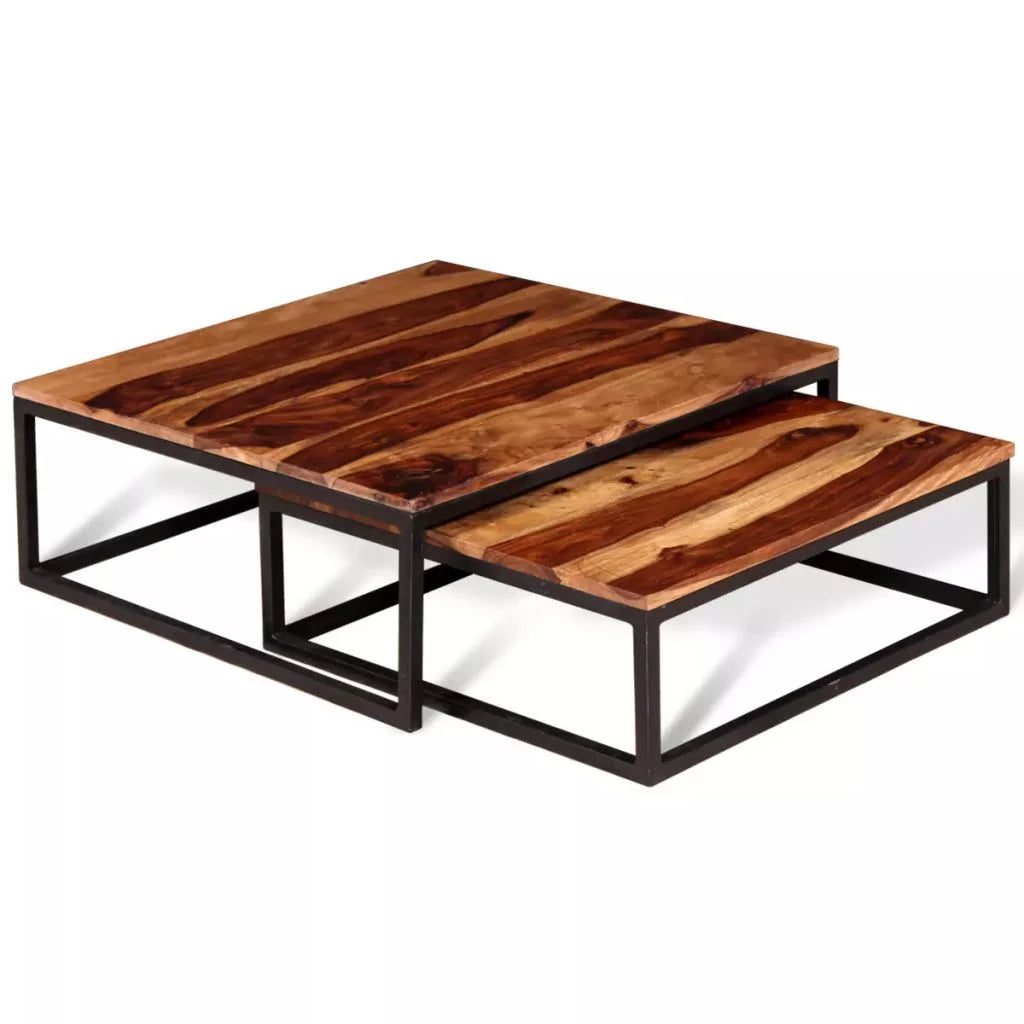 2 Piece Stackable Sheesham Wood Iron Frame Nesting Table Set B556540