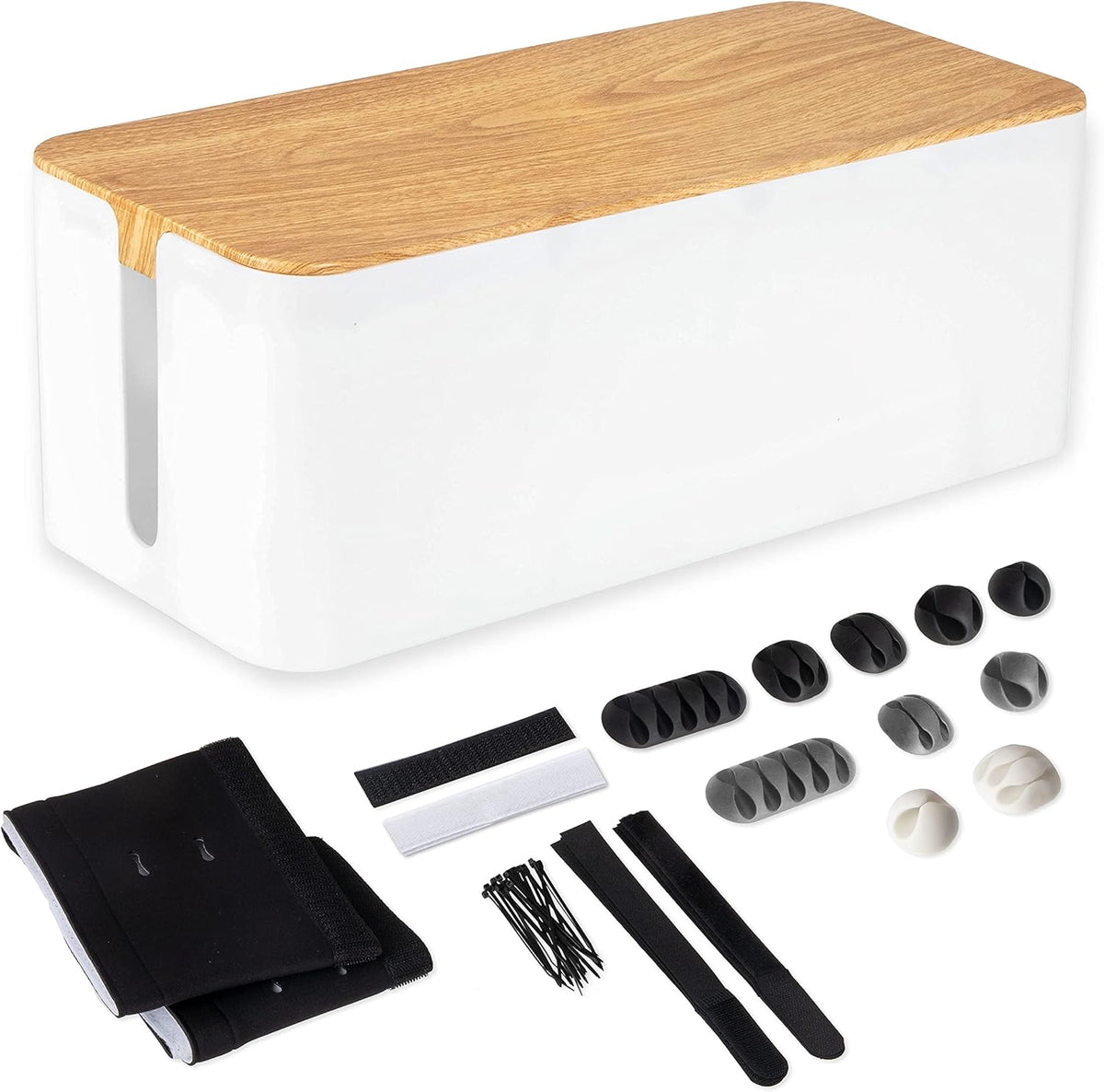 Cable Management Box with Dark Wood Top and White Cord Organizer U814