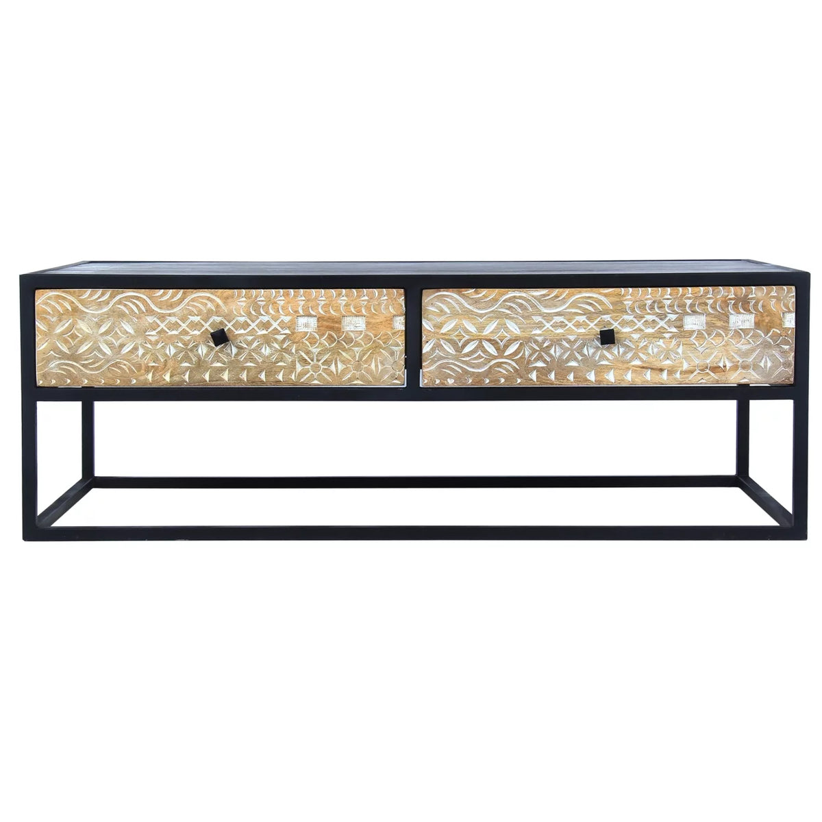 45 Inch Mango Wood Coffee Table with Metal Frame and 2 Drawers Z831