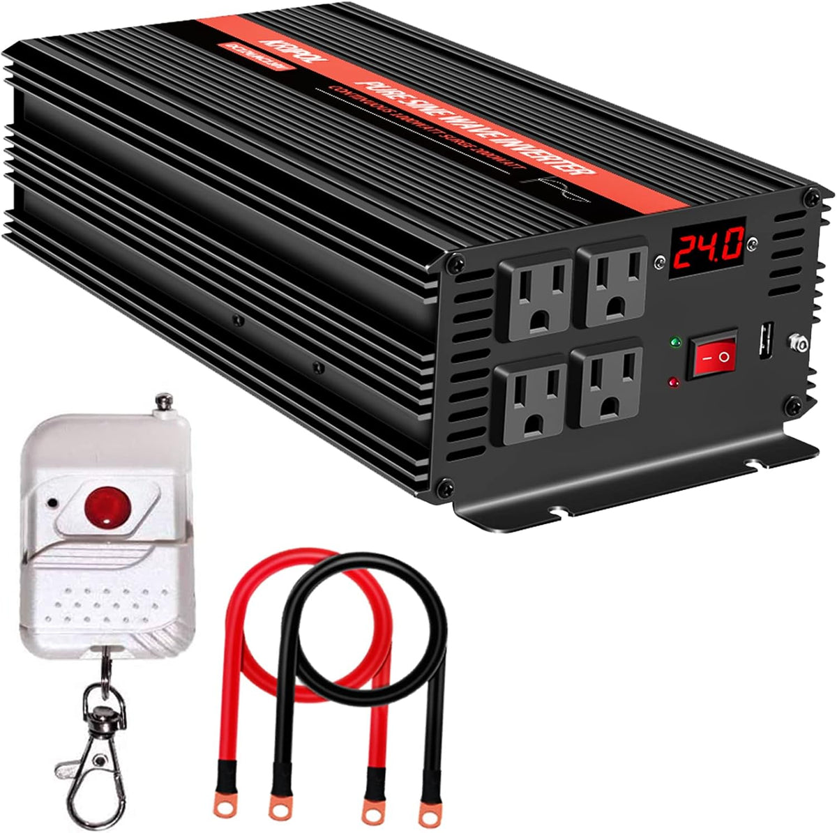 1500 Watt Pure Sine Wave Power Inverter 24v DC to 110/120v AC 60HZ with 4 AC and 1 USB Output O68773