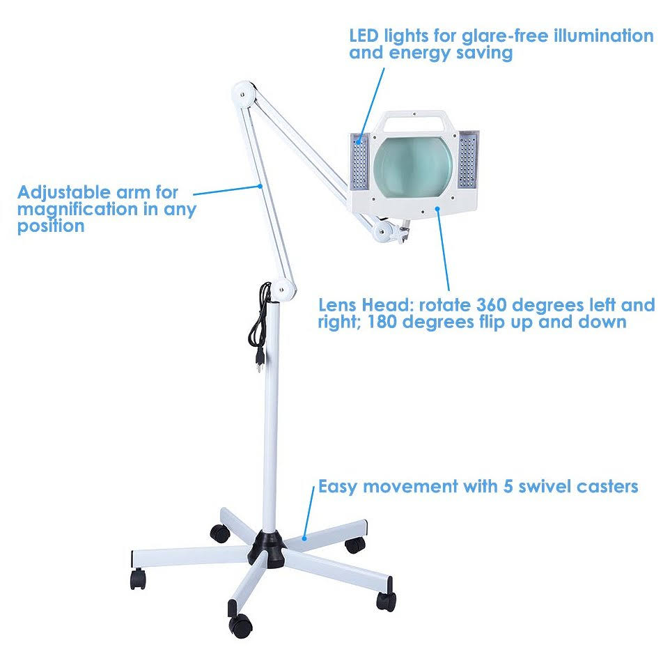 5X Magnification Rolling Floor Stand Magnifying Magnifier LED Lamp Square Salon Equipment V519