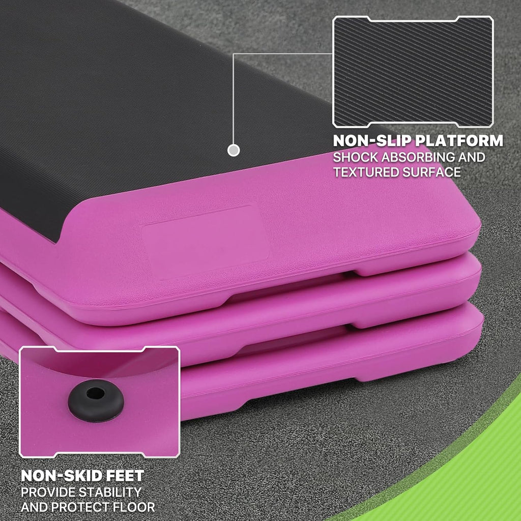 43-Inch Exercise Stepper Platform with Risers, Adjust Height 4 inch - 6 inch - 8 inch, Pink R731900