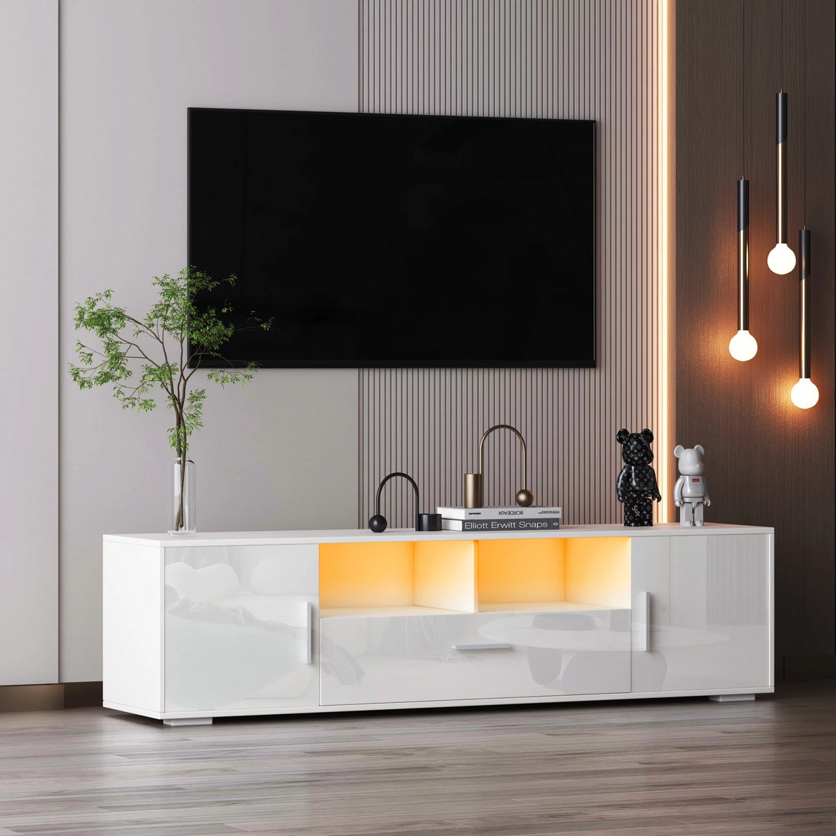 High Glossy TV Stand Cabinet with 3 Doors and Open Shelf K930739