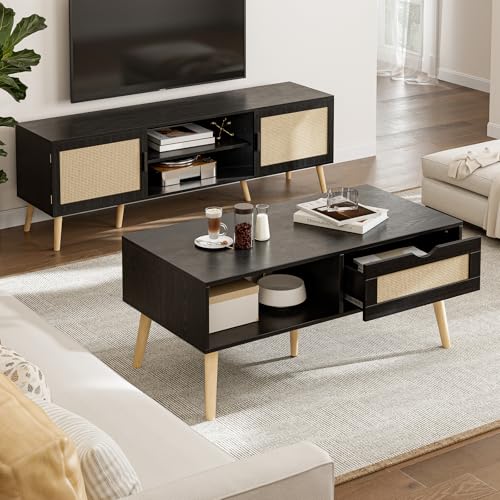 Storage Coffee Table with Rattan Drawer and Solid Wood Legs I10670