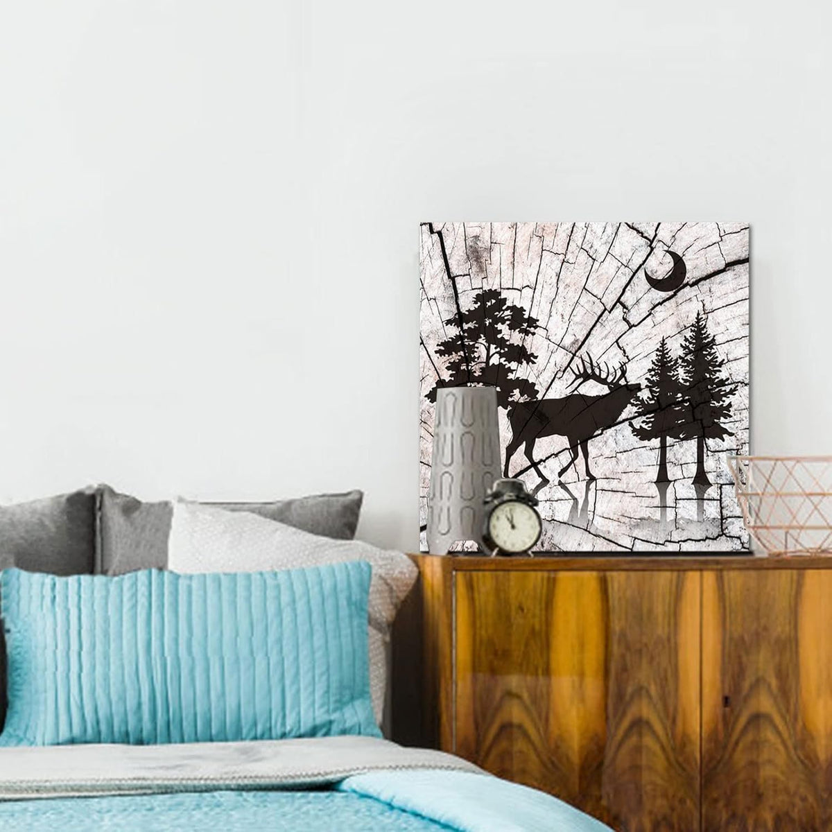 Deer in Forest Canvas Print Black Silhouette Vintage Wood Style Stretched and Framed B2339