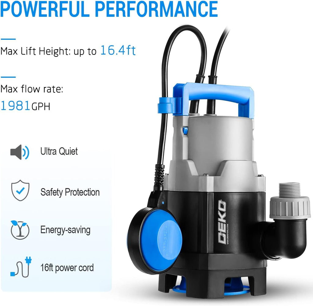 400W 1/2HP Submersible Pump 1981GPH Clean/Dirty Water Pump with Float Switch 16ft Cable Pack of 2 B725