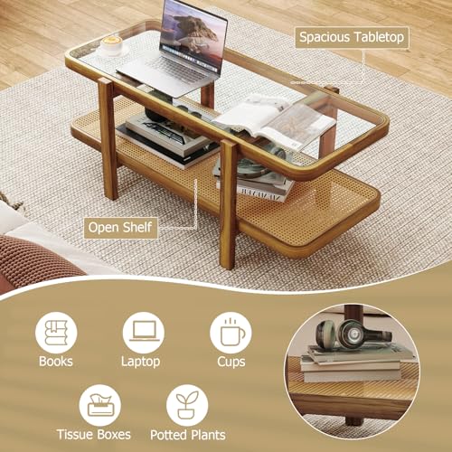 47.5" Rectangle Solid Wood Coffee Table with Tempered Glass Tabletop V9915