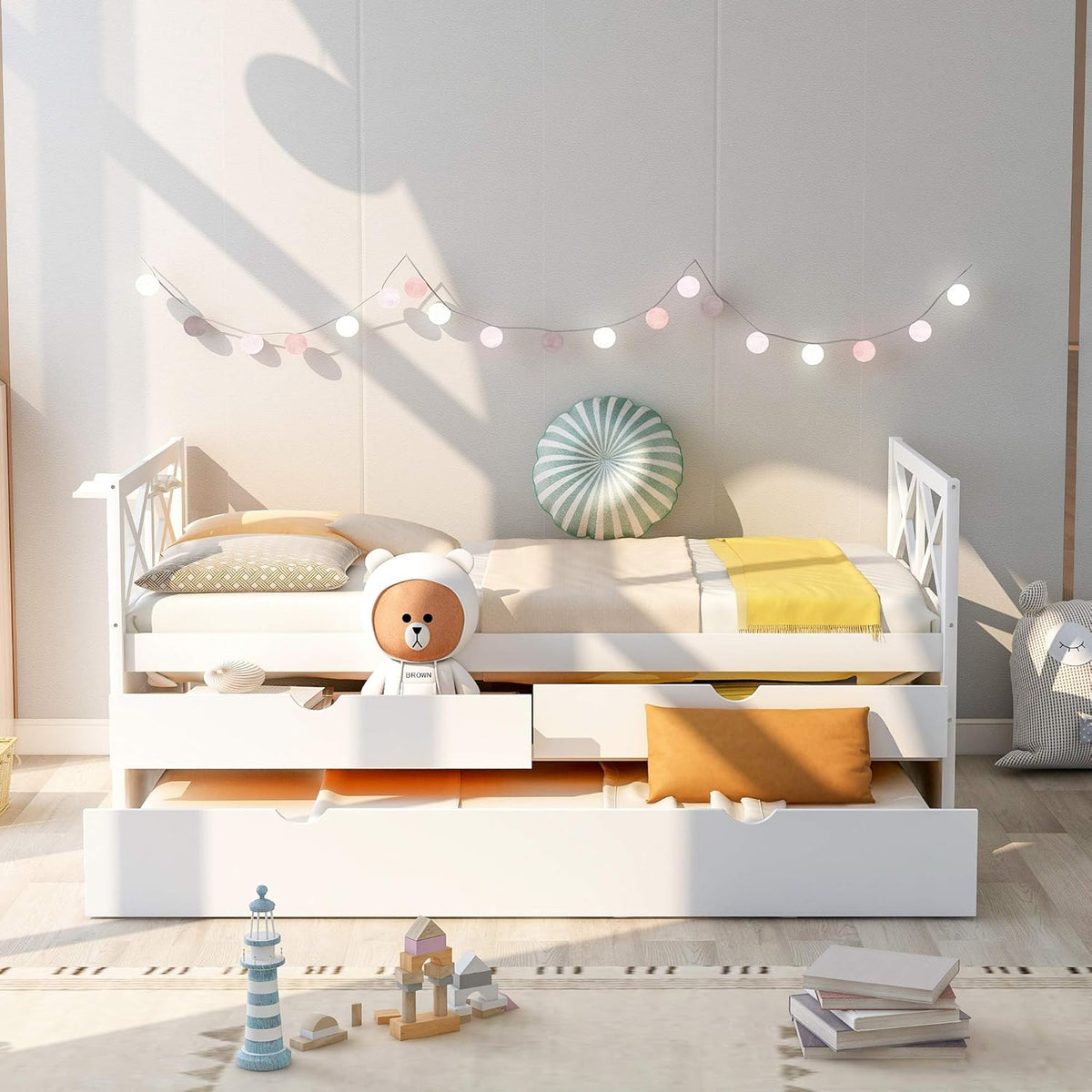 White Wood Twin Captain's Daybed with Trundle and 2 Storage Drawers Q665582