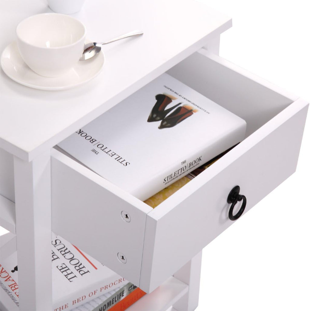 White 2 X-Design Nightstand with Drawer and Shelf E4499