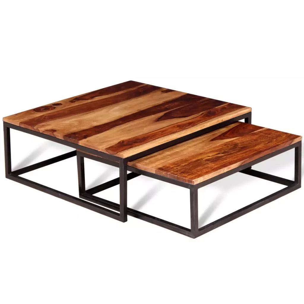 2 Piece Stackable Sheesham Wood Iron Frame Nesting Table Set B556540
