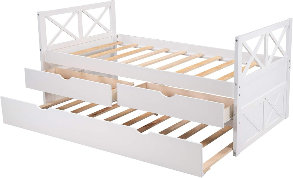 White Wood Twin Captain's Daybed with Trundle and 2 Storage Drawers Q665582