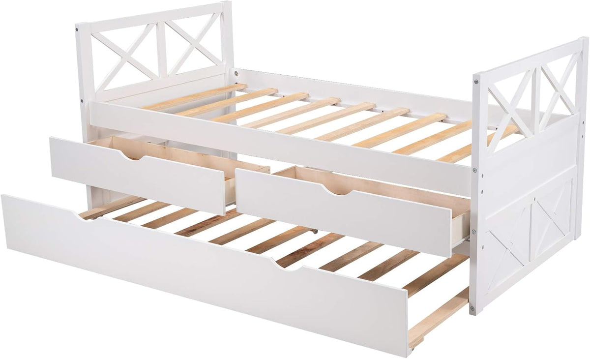 White Wood Twin Captain's Daybed with Trundle and 2 Storage Drawers Q665582