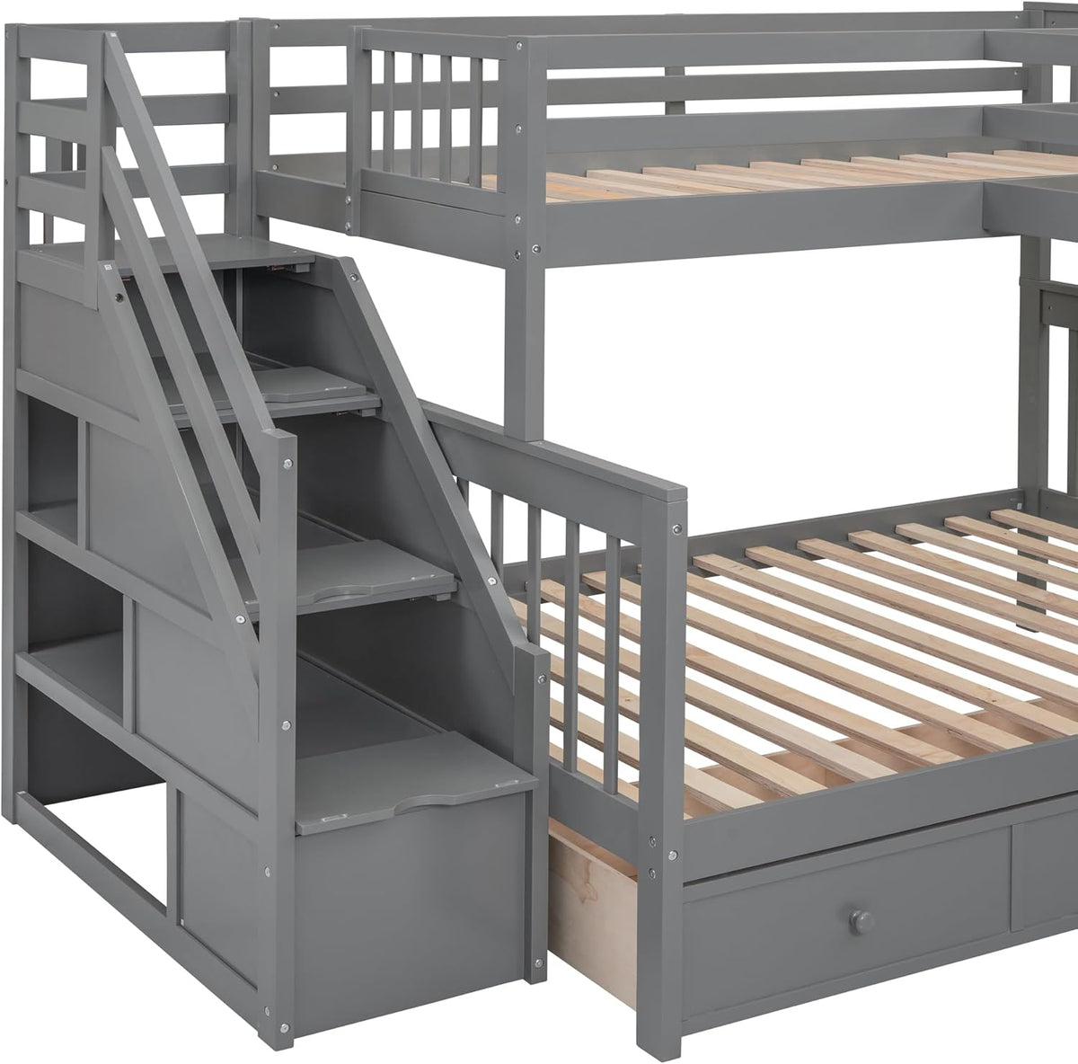 Gray Wooden Triple Bunk Bed with Desk, Storage Drawers, Stairs and Wardrobe N772