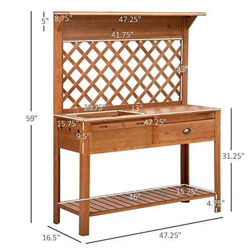 Outsunny Garden Potting Bench, Outdoor Wooden Workstation Table with Metal Screen, Drawer, Hooks, Storage Shelf, and Lattice Back U5490
