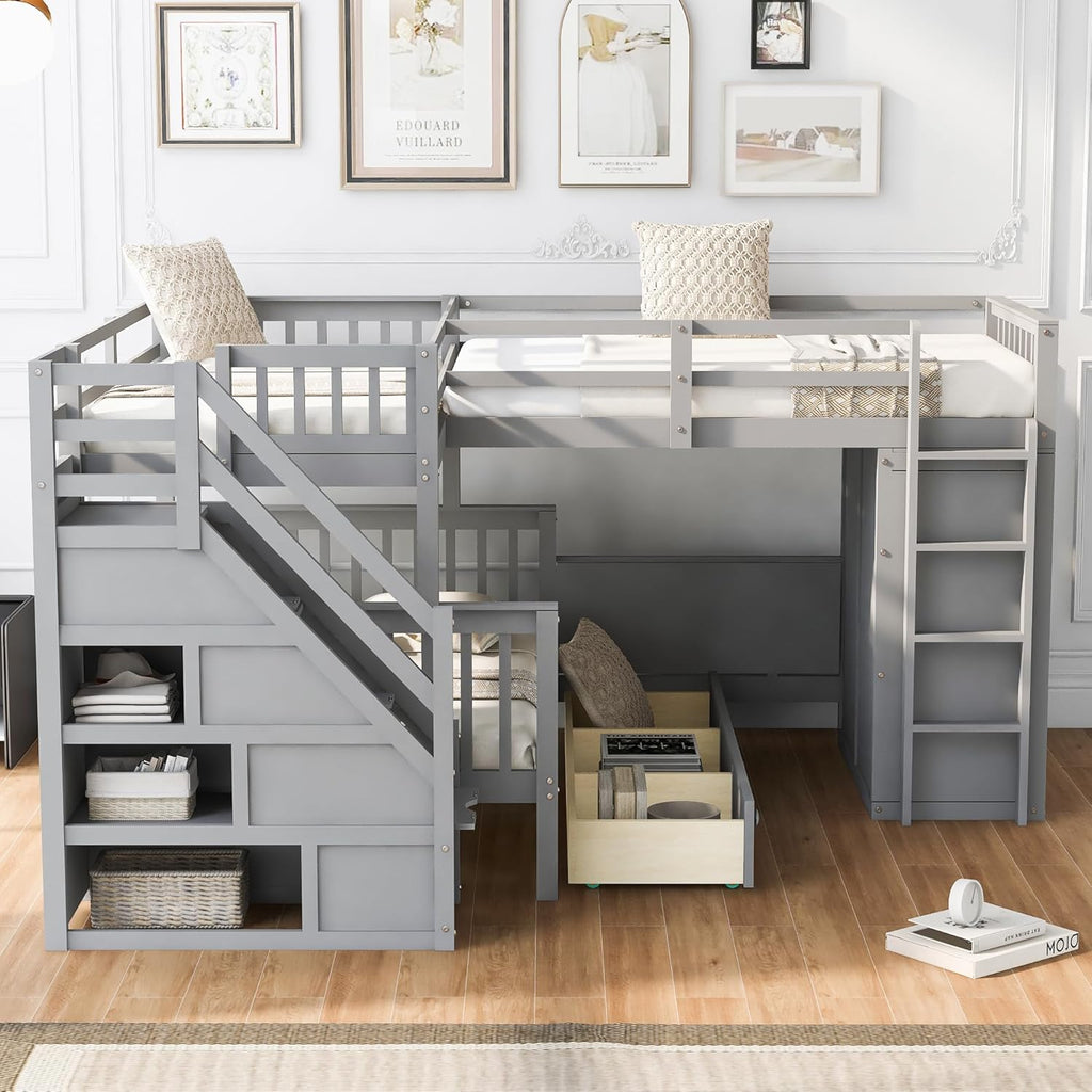 Gray Wooden Triple Bunk Bed with Desk, Storage Drawers, Stairs and Wardrobe N772